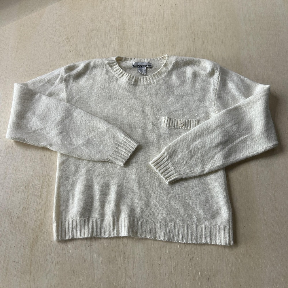 Vintage Cara Soho Sweater Womens Small White Lambswool Angora Pocket Knit